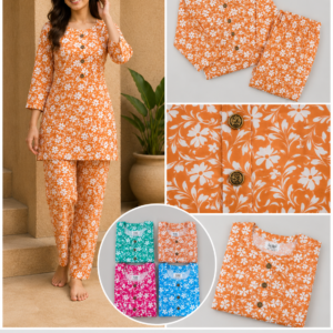 Orange Floral Print Night Suit - 4 Colours