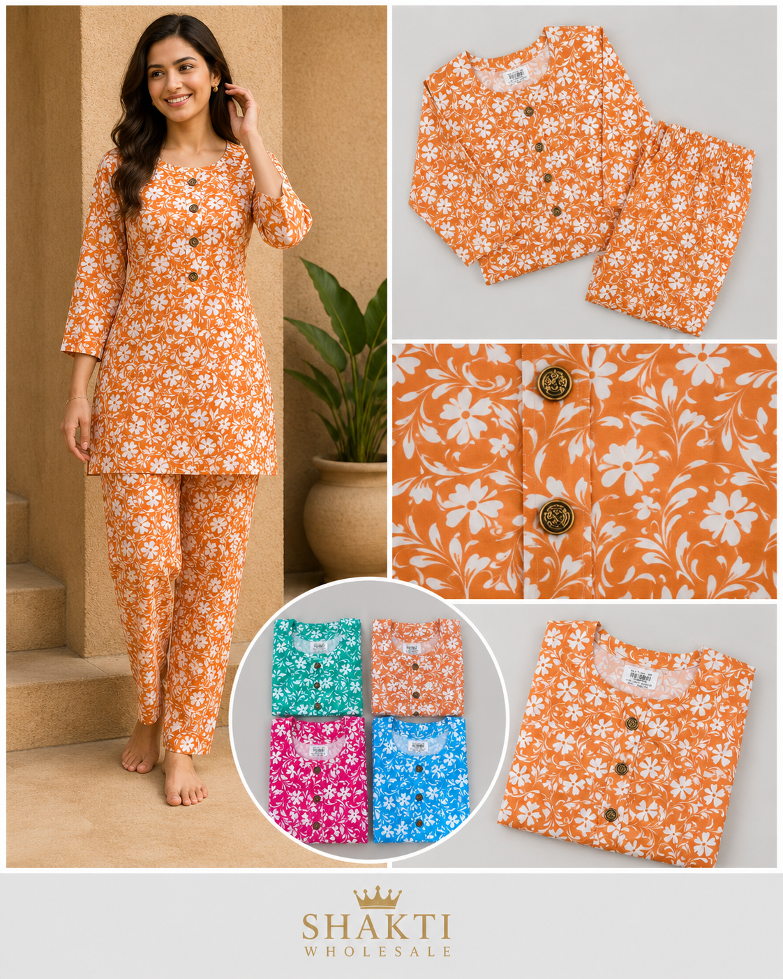 Orange Floral Print Night Suit - 4 Colours