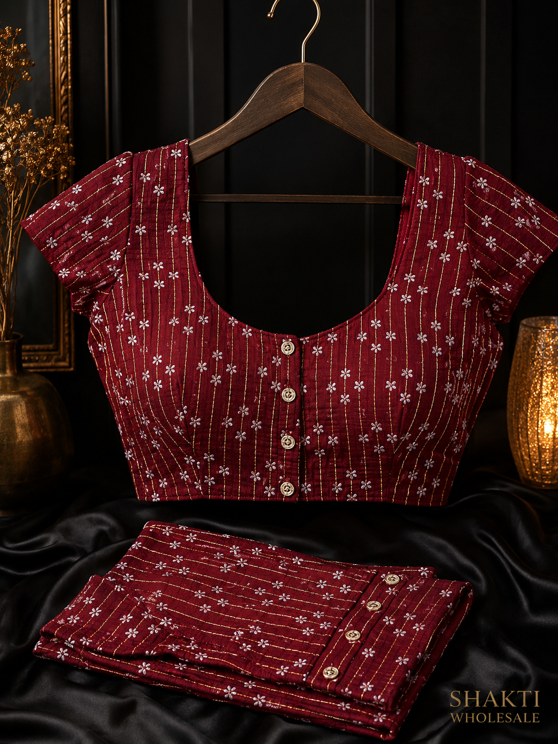 Maroon Gold Stripe Blouse with Matching Fabric