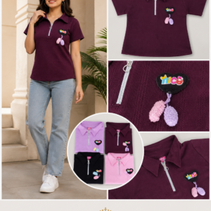 Zip-Collar Polo Tee with Pom Charm - 4 Colours