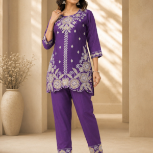 Purple Gold Embroidered Kurta & Pant Set