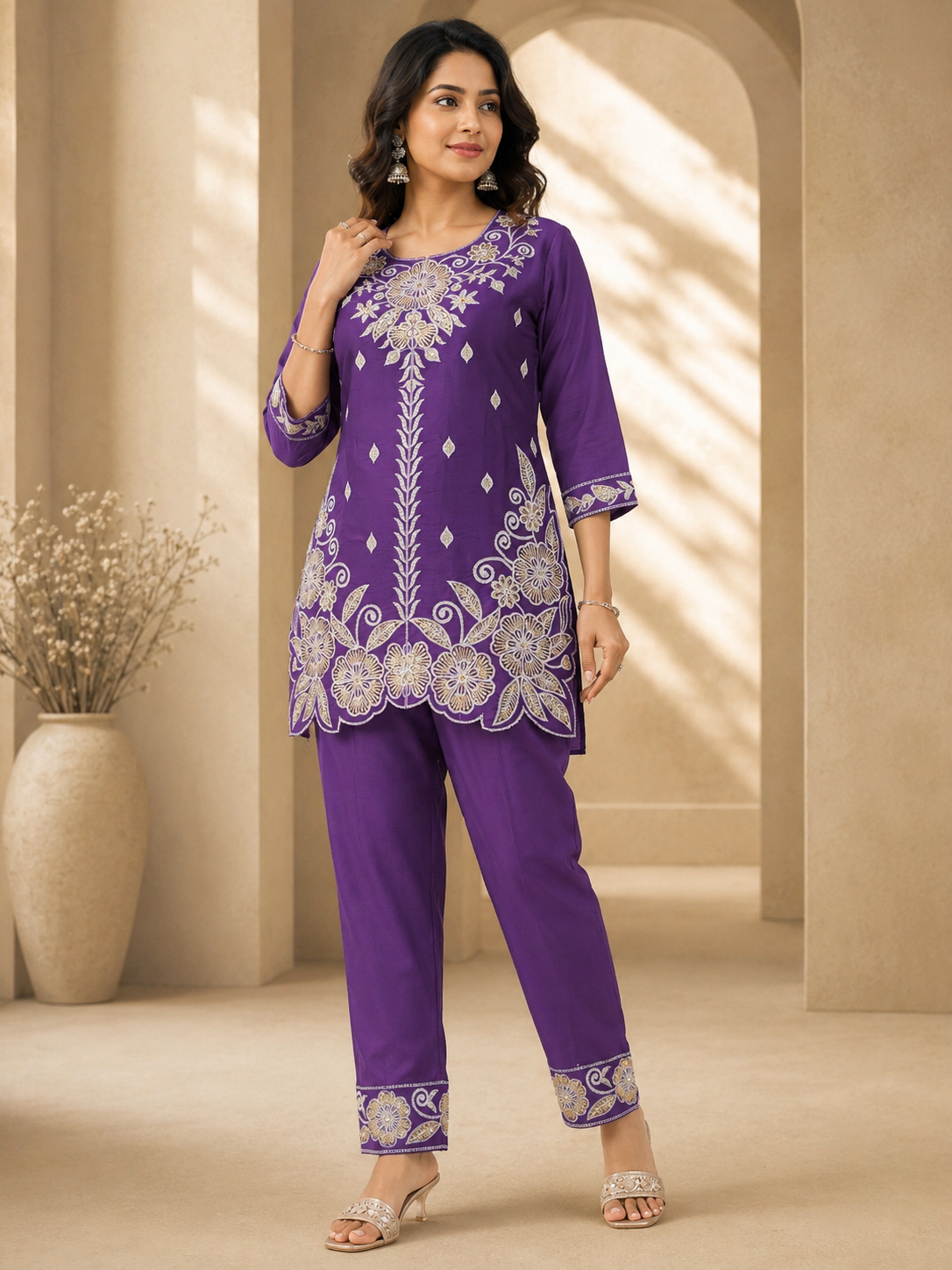 Purple Gold Embroidered Kurta & Pant Set