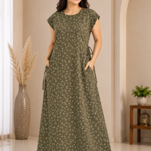 Olive Bandhani Print Maxi Nighty with Pockets