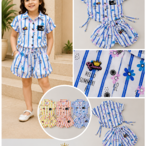 Girls Striped Shirt & Bubble Shorts Set - Multi Colourway