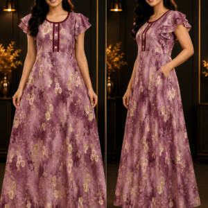 Mauve Watercolour Floral Flutter-Sleeve Maxi Gown