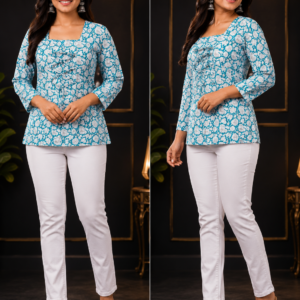 Turquoise Floral Square-Neck Tie-Up Top