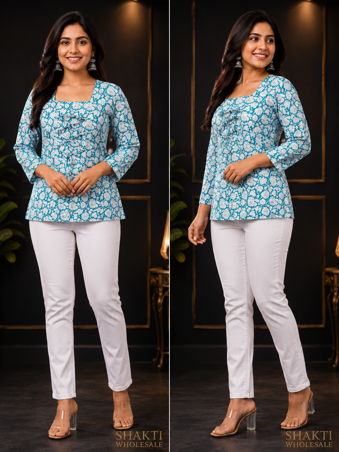 Turquoise Floral Square-Neck Tie-Up Top