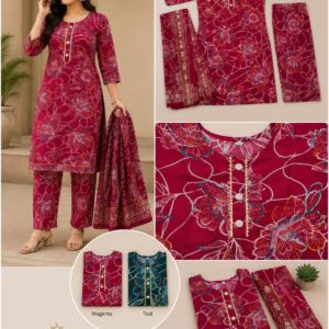 Magenta Floral Kurta, Pant & Dupatta Set - 2 Colours