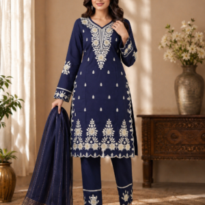 Navy Silver Embroidered Kurta, Pant & Dupatta Set