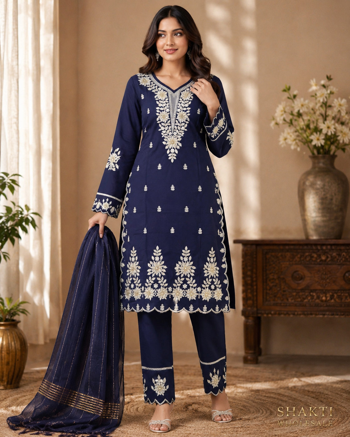 Navy Silver Embroidered Kurta, Pant & Dupatta Set