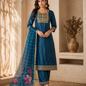Teal Blue Silk Kurta, Pant & Floral Dupatta Set