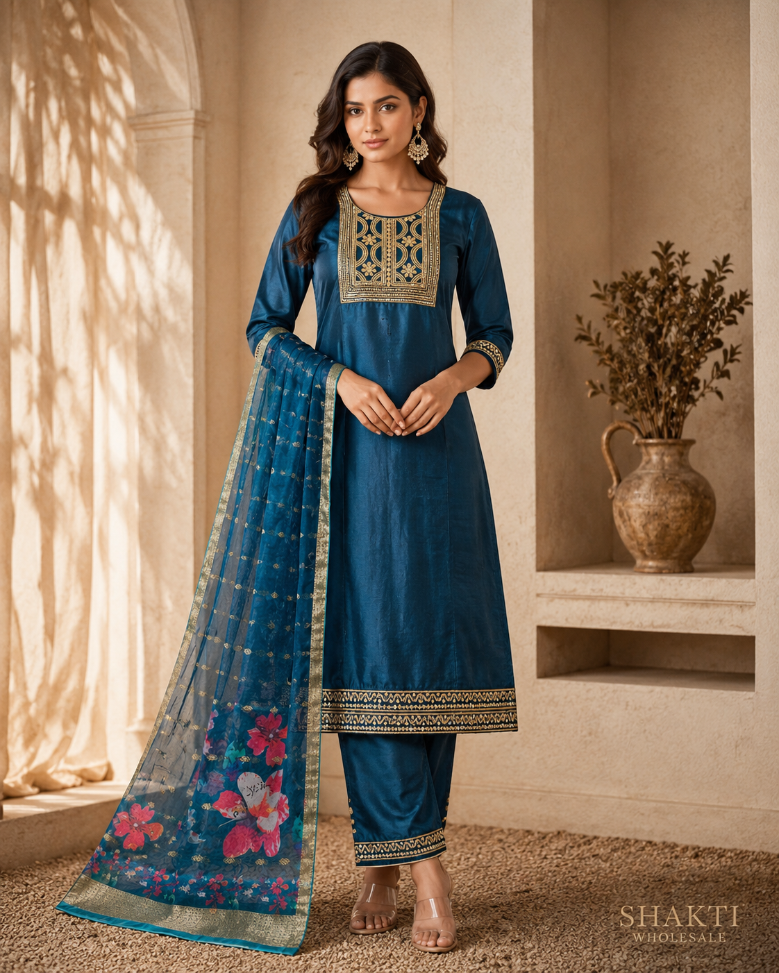 Teal Blue Silk Kurta, Pant & Floral Dupatta Set
