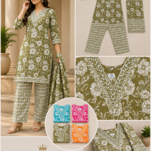 Olive Floral Block Print Kurta, Palazzo & Dupatta Set - 4 Colours