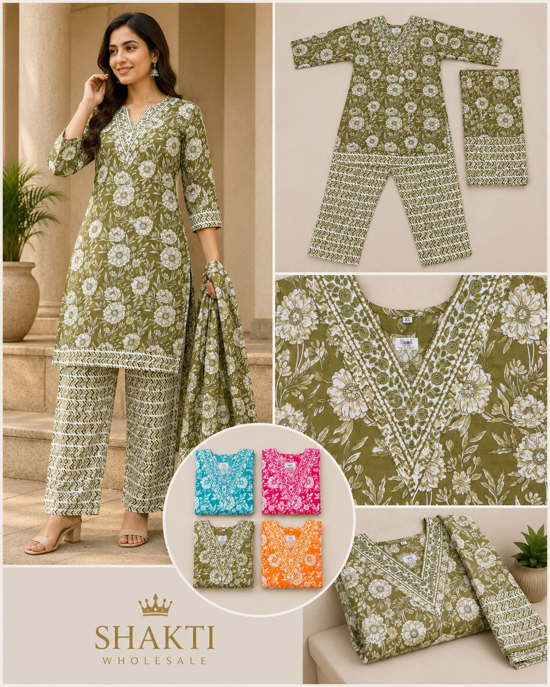 Olive Floral Block Print Kurta, Palazzo & Dupatta Set - 4 Colours
