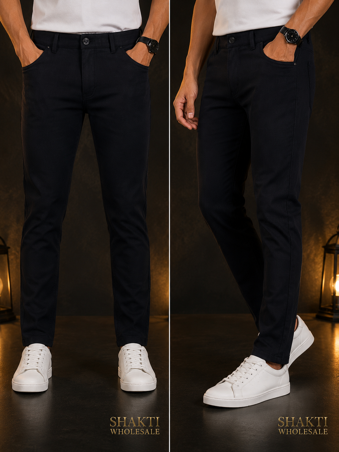 Mens Navy Slim-Fit Cotton Trousers