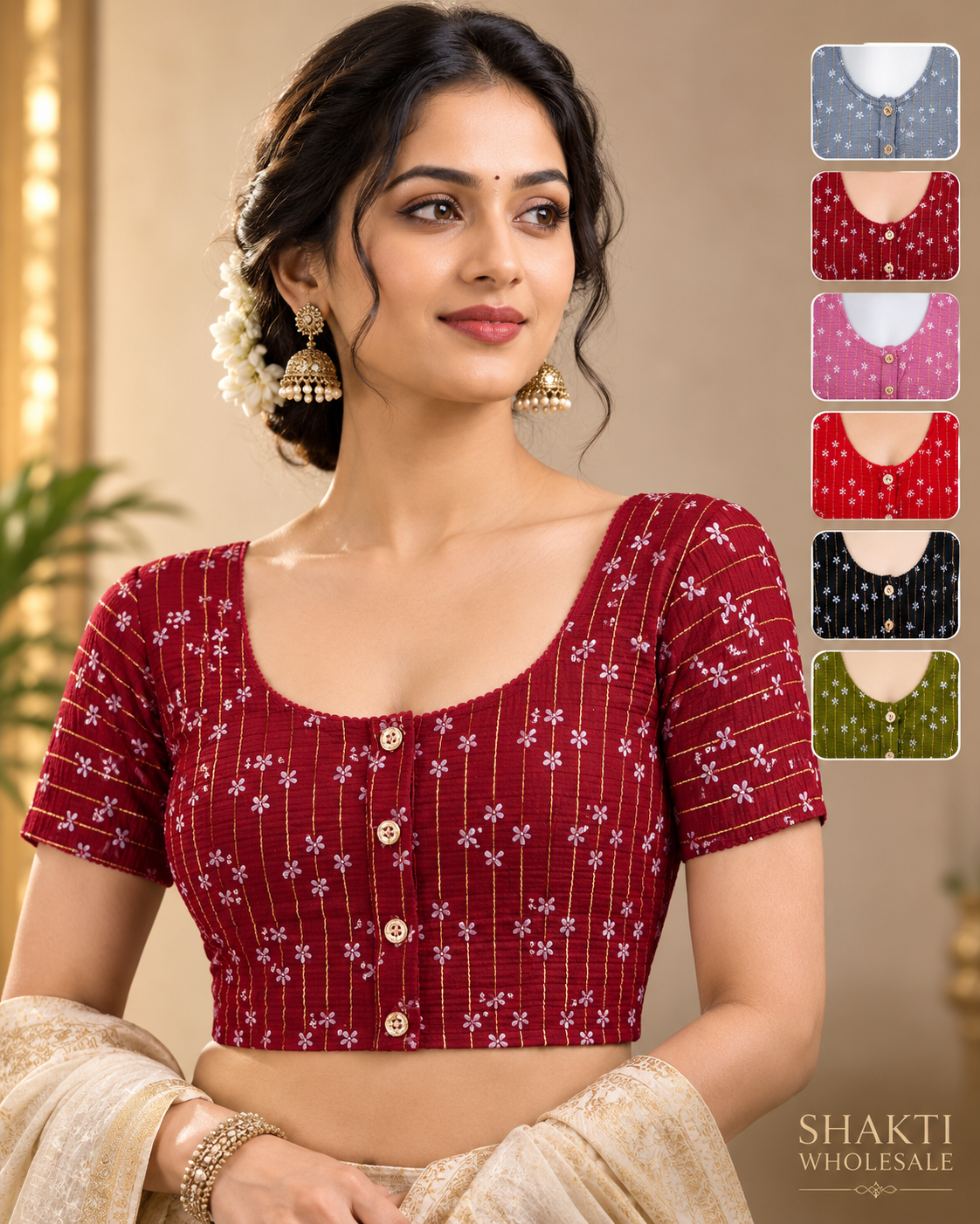 Maroon Daisy Gold Stripe Readymade Blouse - 6 Colours