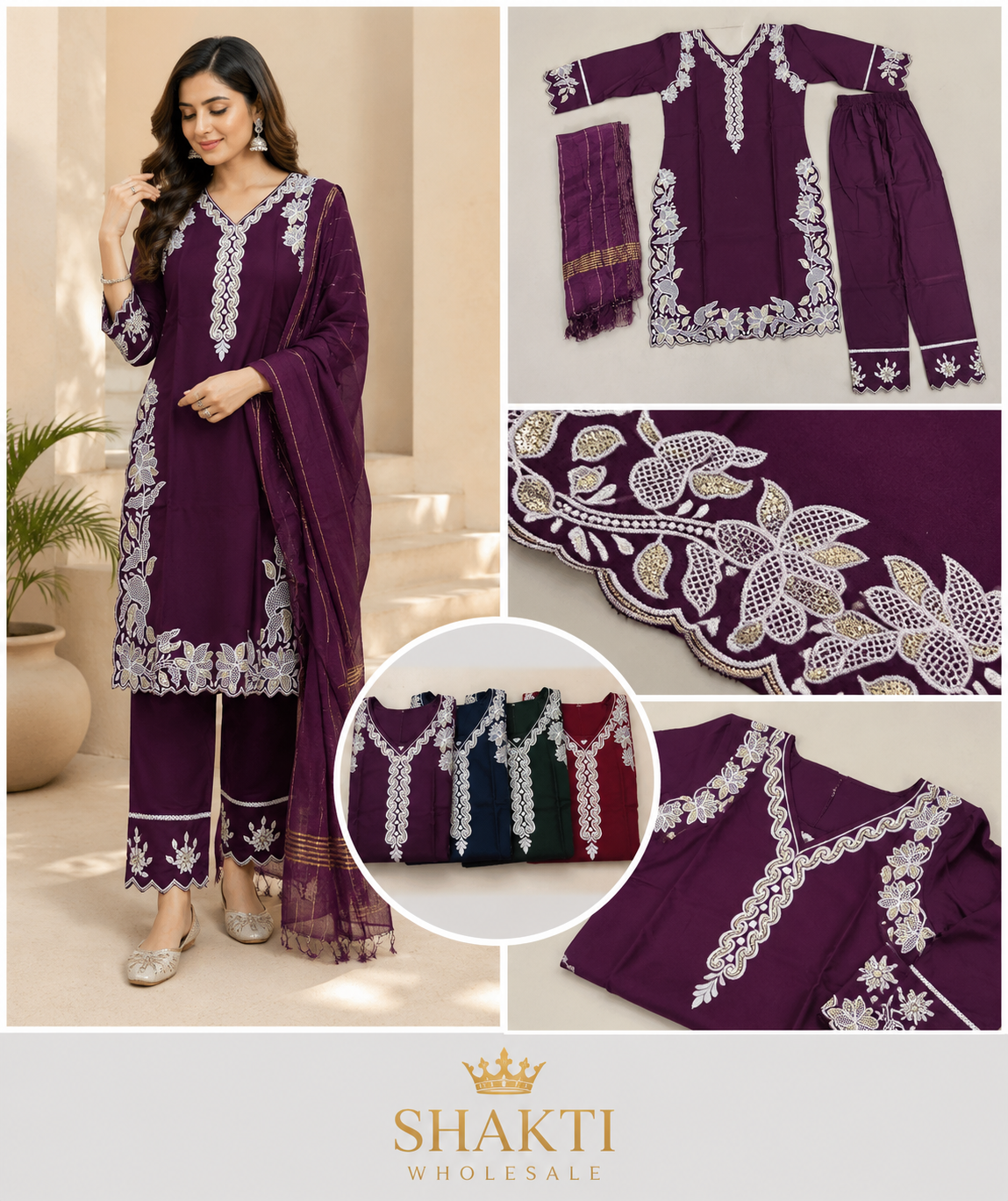 Purple Cutwork Embroidered Kurta, Pant & Dupatta Set - 5 Colours