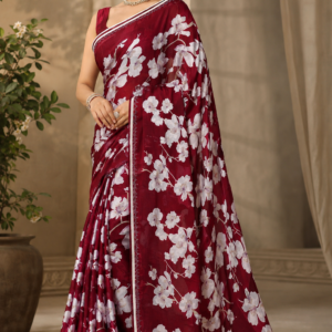 Maroon Cherry Blossom Print Organza Saree