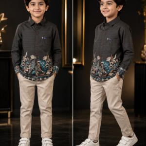 Boys Charcoal Floral Border Shirt - Styled