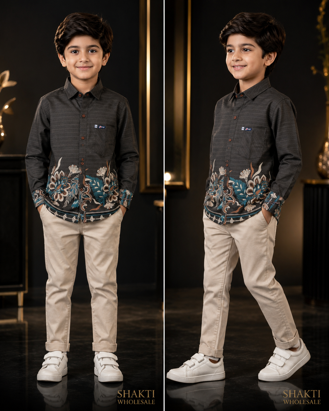 Boys Charcoal Floral Border Shirt - Styled