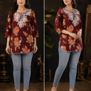 Maroon Floral Chikankari Short Kurti - Two Views