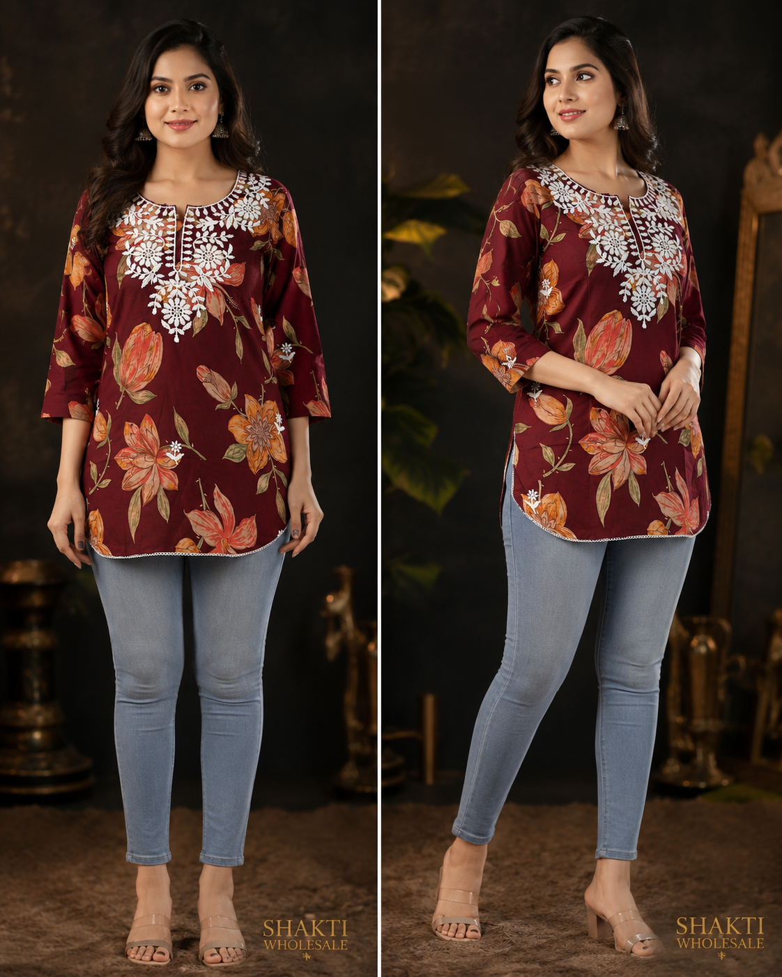 Maroon Floral Chikankari Short Kurti - Two Views