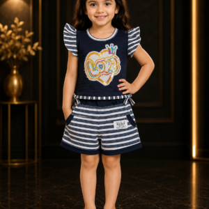 Girls Navy 'Love' Flutter-Sleeve Top & Striped Shorts Set