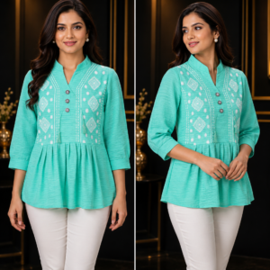 Turquoise Embroidered Pleated Peplum Top