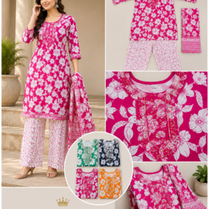 Rani Pink Floral Block Print Kurta, Palazzo & Dupatta Set - 4 Colours