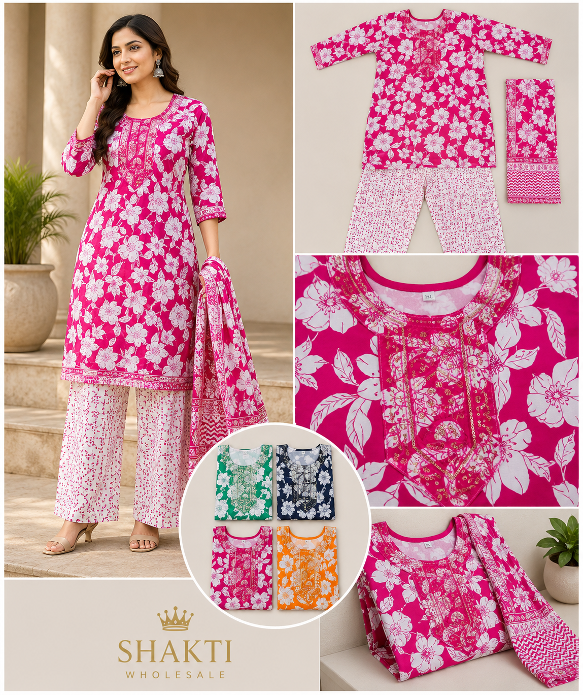Rani Pink Floral Block Print Kurta, Palazzo & Dupatta Set - 4 Colours