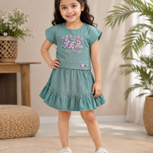 Girls Sage Bunny Print Top & Frill Skirt Set