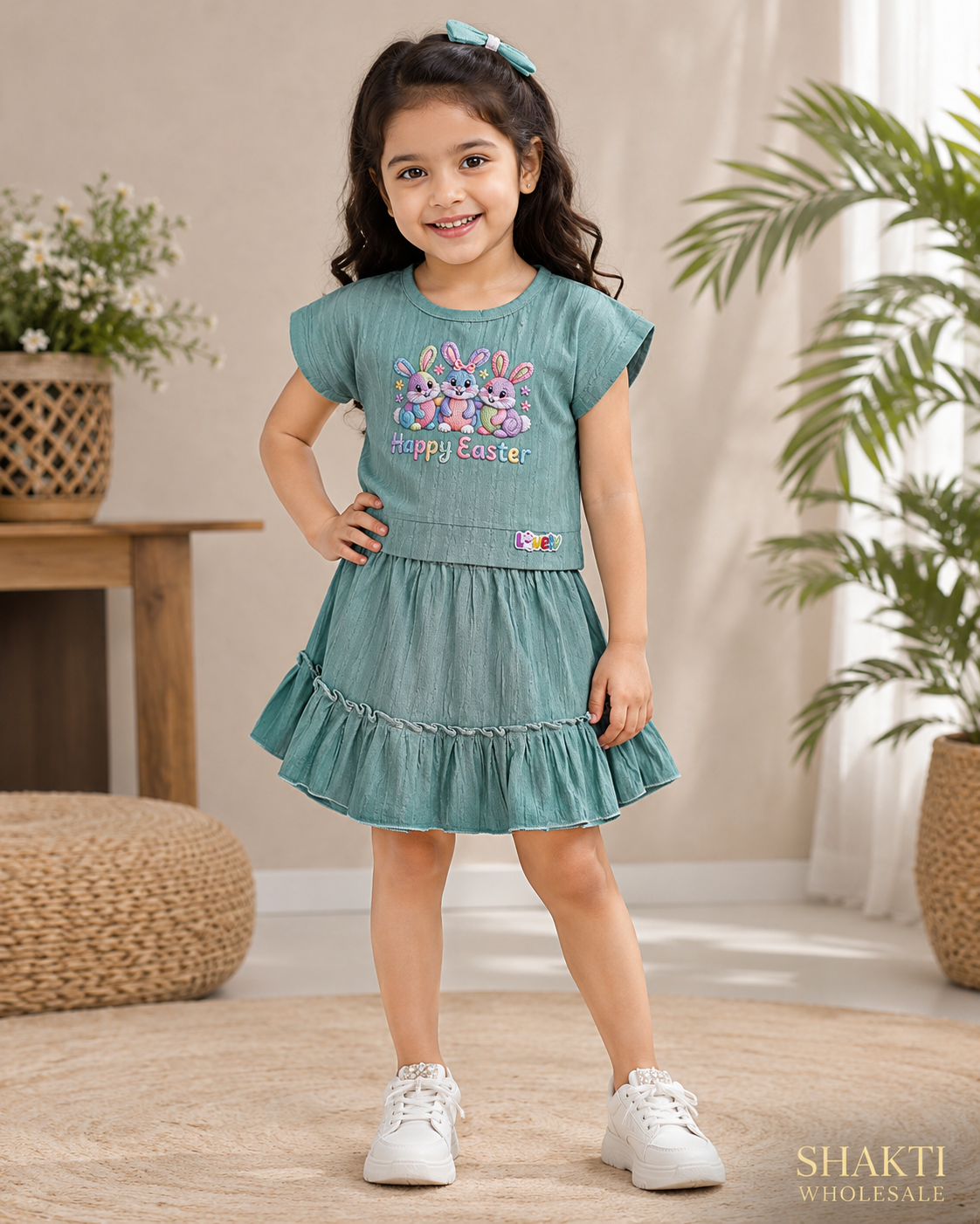 Girls Sage Bunny Print Top & Frill Skirt Set