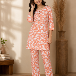 Peach Floral Print Night Suit