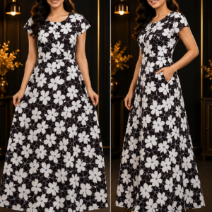 Black & White Daisy Print Maxi Gown with Pockets
