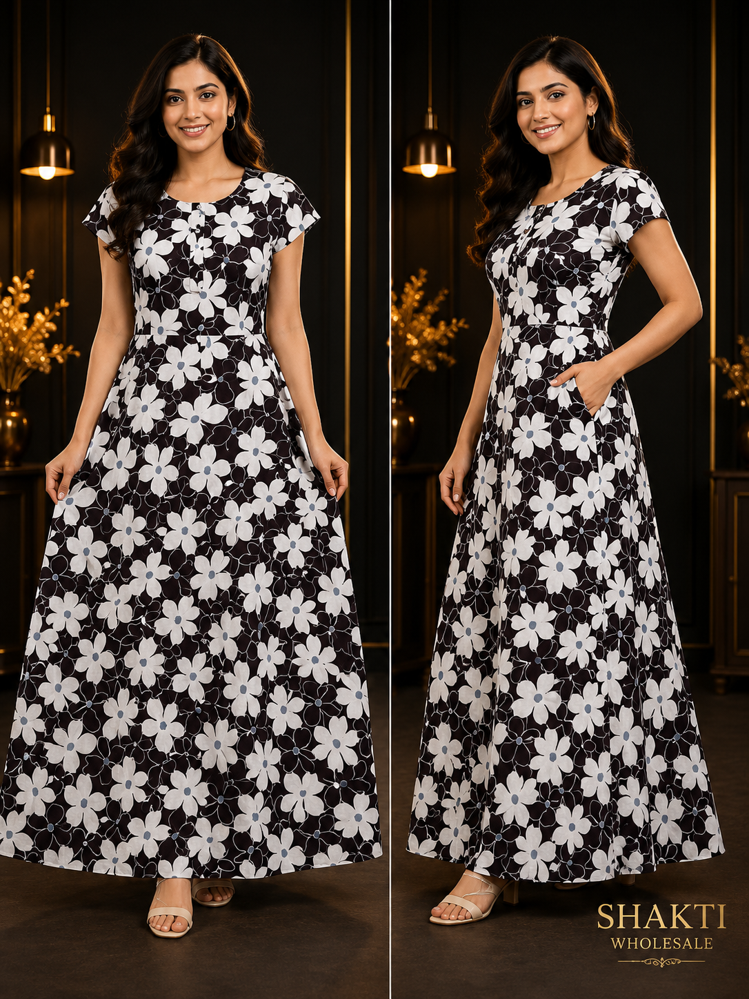 Black & White Daisy Print Maxi Gown with Pockets