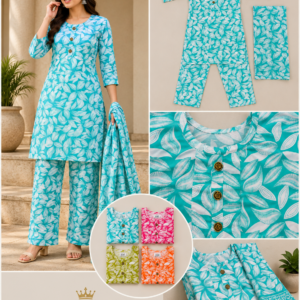 Turquoise Leaf Print Kurta, Palazzo & Dupatta Set - 4 Colours