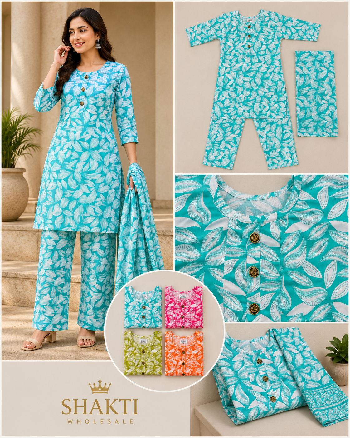 Turquoise Leaf Print Kurta, Palazzo & Dupatta Set - 4 Colours