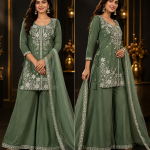 Sage Green Organza Embroidered Kurta, Sharara & Dupatta Set