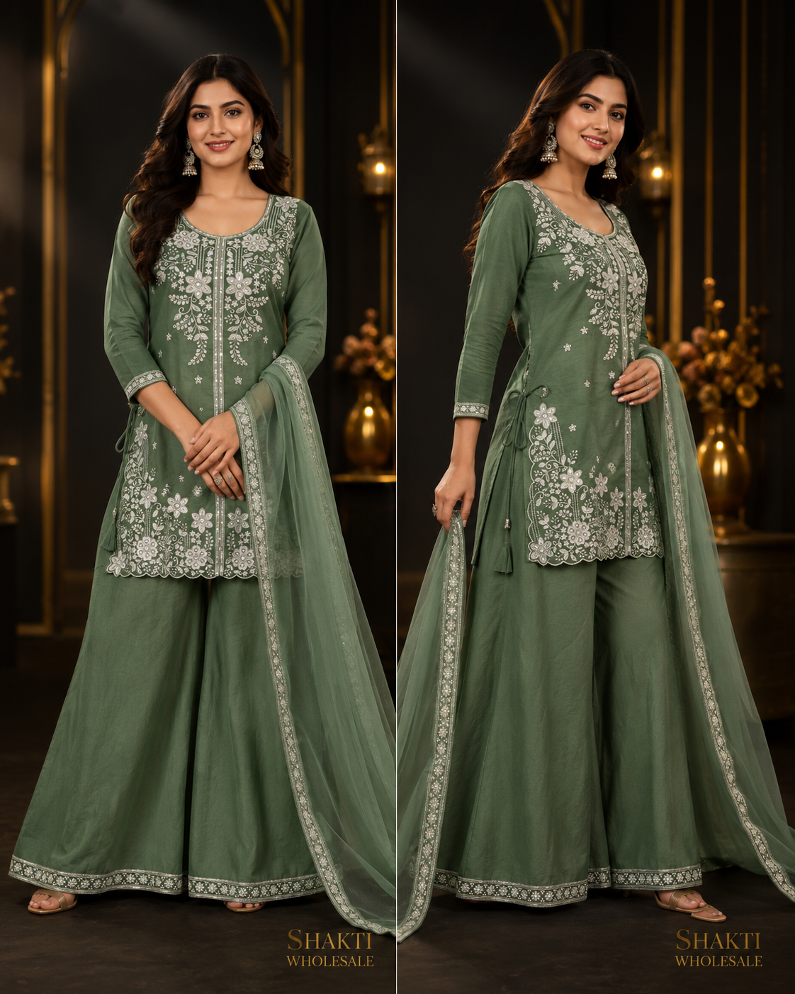 Sage Green Organza Embroidered Kurta, Sharara & Dupatta Set