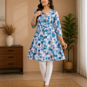 Blue Abstract Mosaic Print Flared Short Kurti
