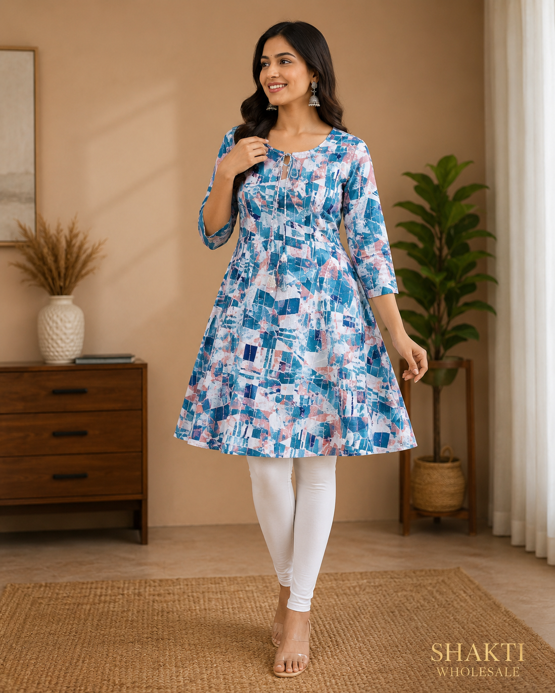 Blue Abstract Mosaic Print Flared Short Kurti