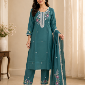 Teal Green Embroidered Kurta, Pant & Dupatta Set