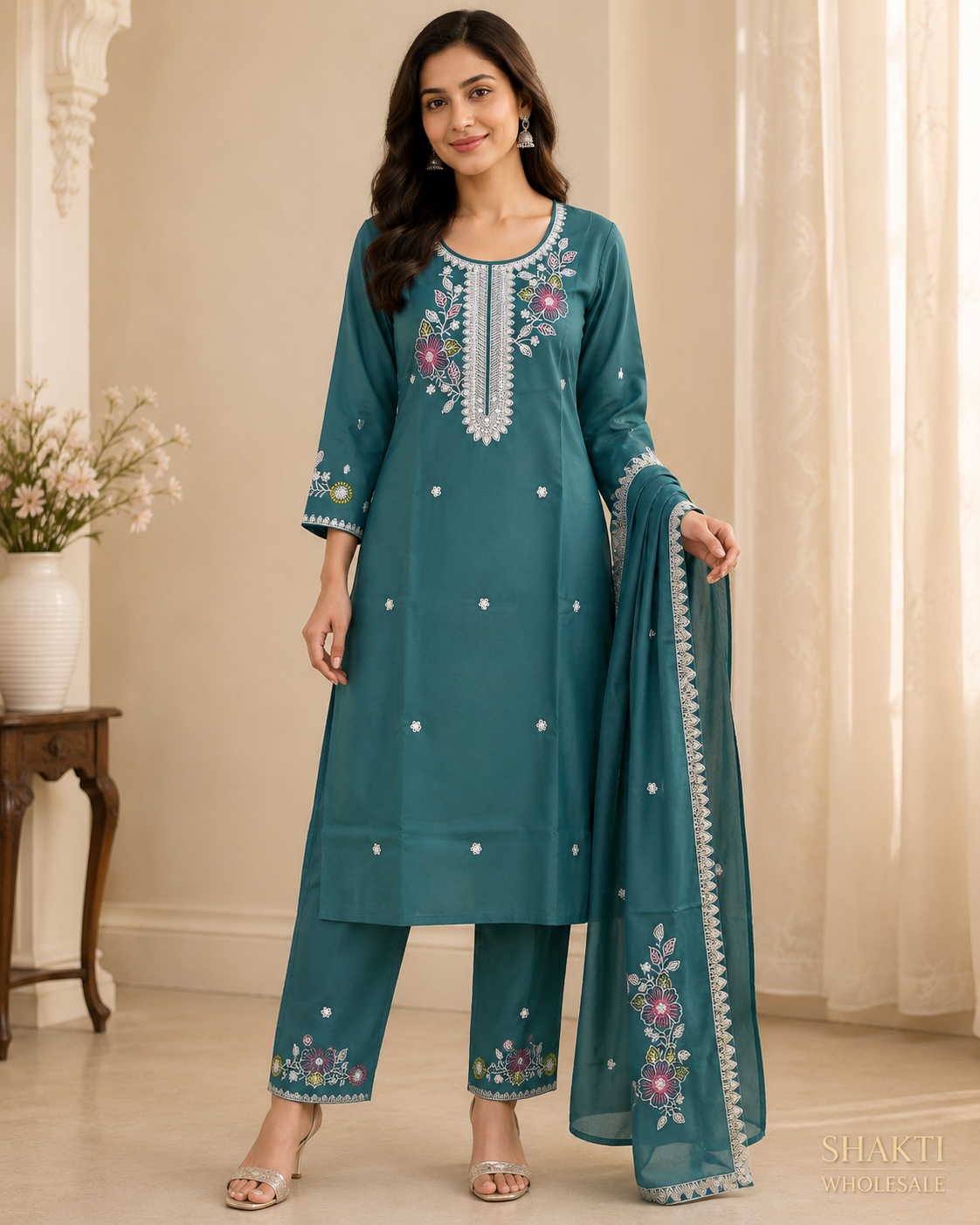 Teal Green Embroidered Kurta, Pant & Dupatta Set