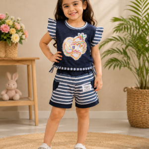 Girls Navy Sequin Heart Top & Striped Shorts Set