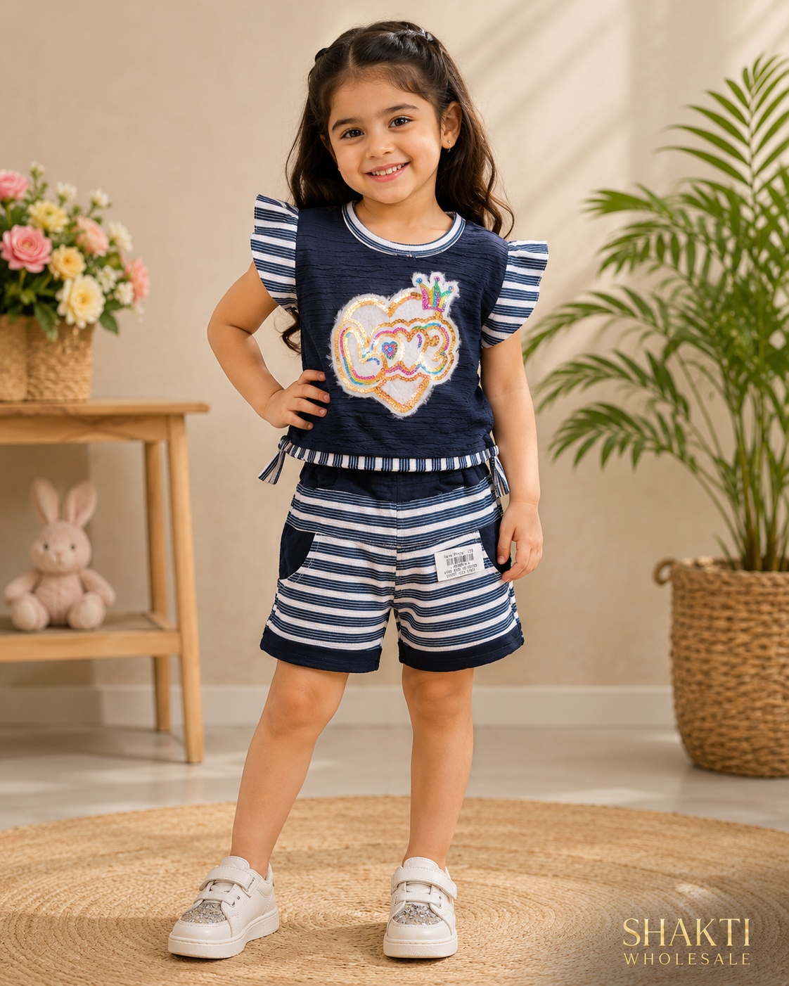 Girls Navy Sequin Heart Top & Striped Shorts Set