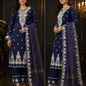 Navy Gold Embroidered Kurta, Pant & Dupatta Set