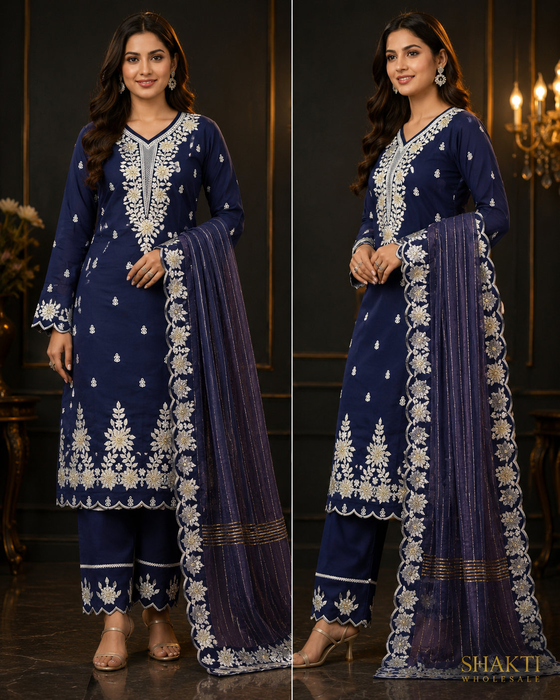 Navy Gold Embroidered Kurta, Pant & Dupatta Set