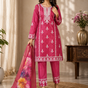 Rani Pink Zari Embroidered Kurta, Pant & Floral Dupatta Set