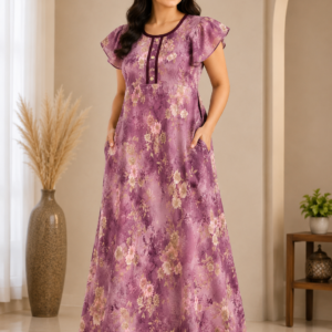 Mauve Floral Flutter-Sleeve Maxi Nighty