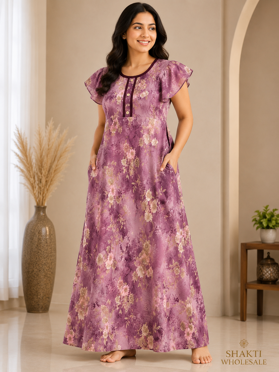 Mauve Floral Flutter-Sleeve Maxi Nighty